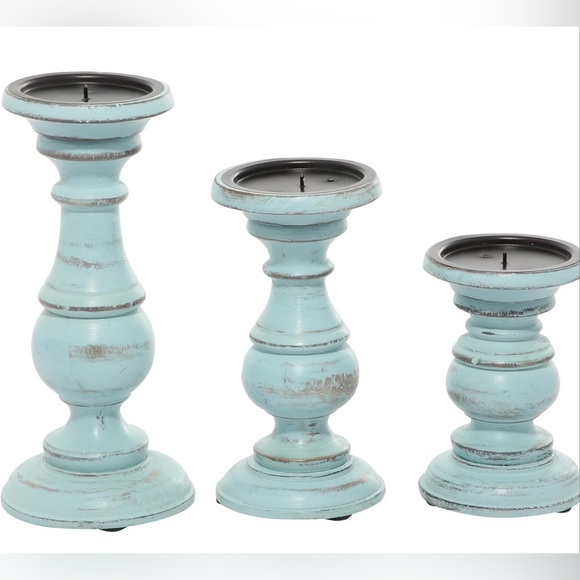 NIB - Set of 3- 6”, 8”, & 10” Tall Wood Rustic Pillar Candle Holders, Light Blue - Picture 3 of 8